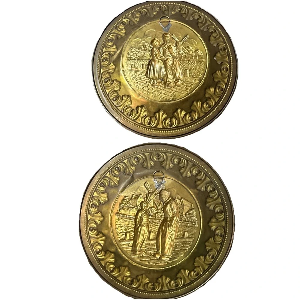 Vintage European Brass Wall Plates – Matched Pair Dutch  Scenes 12